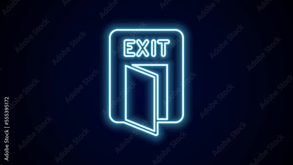 Glowing neon line Fire exit icon isolated on black background. Fire emergency icon. 4K Video motion graphic animation