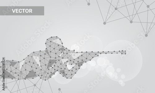 Silhouette of man lying down and aiming on gray background, connecting dots and lines. Light connection structure. Low poly winter sport vector background.