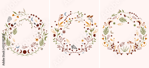 Vector set of posters with mystical leaves, flowers, moon, stars. Celestial design with space for your text suitable for posters, banners, cosmetics, spa. Bohemian posters. Vector illustration
