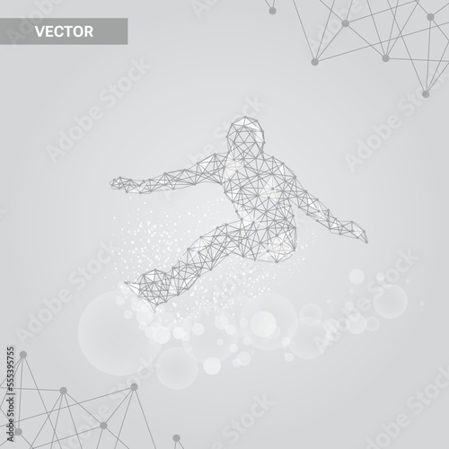 Silhouette of a snowboarder on gray background, connecting dots and lines. Light connection structure. Low poly vector background.