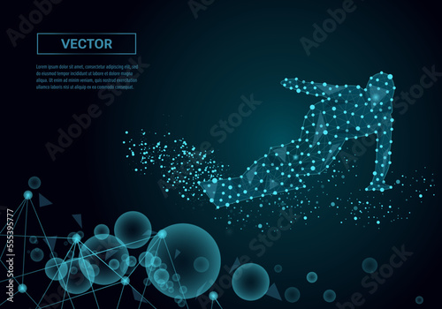 Silhouette of a snowboarder on dark blue background, connecting dots and lines. Light connection structure. Low poly vector background.