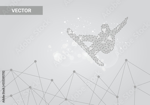 Silhouette of a snowboarder jumping on gray background, connecting dots and lines. Light connection structure. Low poly vector background.