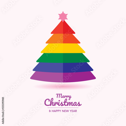 LGBTQ christmas colourful tree icon vector. Merry Christmas greeting card with LGBT rainbow tree graphic design element isolated on a pink background