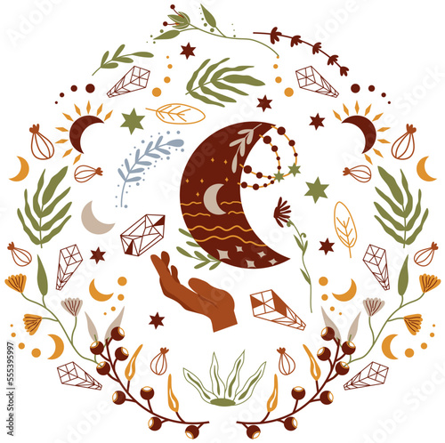 Boho composition with a mystical hand holding the moon, flowers, leaves, stars. Celestial designs are suitable for posters, banners, cosmetics, spa. Vector illustration