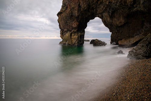 perforated stone formed on the beach. giresun, karaburun