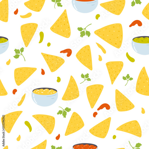 Seamless pattern with tortilla chips in cartoon flat style. Hand drawn vector background with nachos tortillas, mexican food