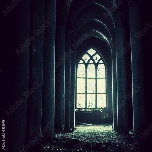 interior of abandoned and spooky church with window. generative ai