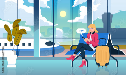 Women holding phone waiting to board and sitting in the airport terminal hall at noon. Travel vacation vector illustration