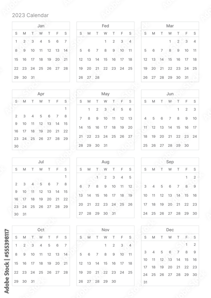 This is a simple, minimalist style annual planner with a year 12 month calendar for 2023. Note, scheduler, diary, calendar planner document template illustration. This is a simple, minimalist style annual planner with a year 12 month calendar for 2023. Note, scheduler, diary, calendar planner document template illustration.