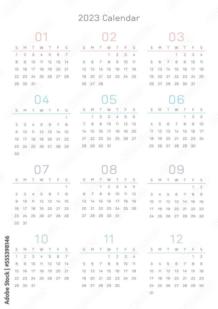 This is a simple, minimalist style annual planner with a year 12 month calendar for 2023. Note, scheduler, diary, calendar planner document template illustration. This is a simple, minimalist style annual planner with a year 12 month calendar for 2023. Note, scheduler, diary, calendar planner document template illustration.