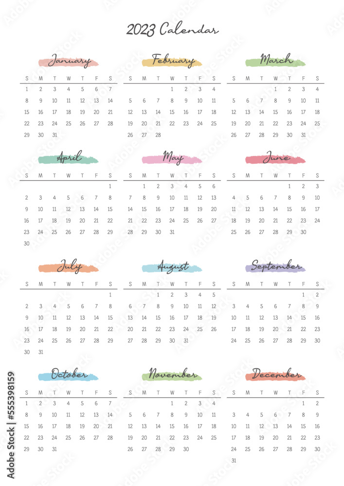 This is a simple, minimalist style annual planner with a year 12 month calendar for 2023. Note, scheduler, diary, calendar planner document template illustration. This is a simple, minimalist style annual planner with a year 12 month calendar for 2023. Note, scheduler, diary, calendar planner document template illustration.