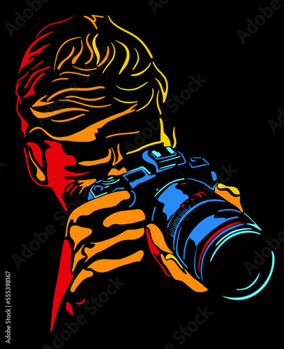 Colorful line art photographer on black background. Vector illustration.