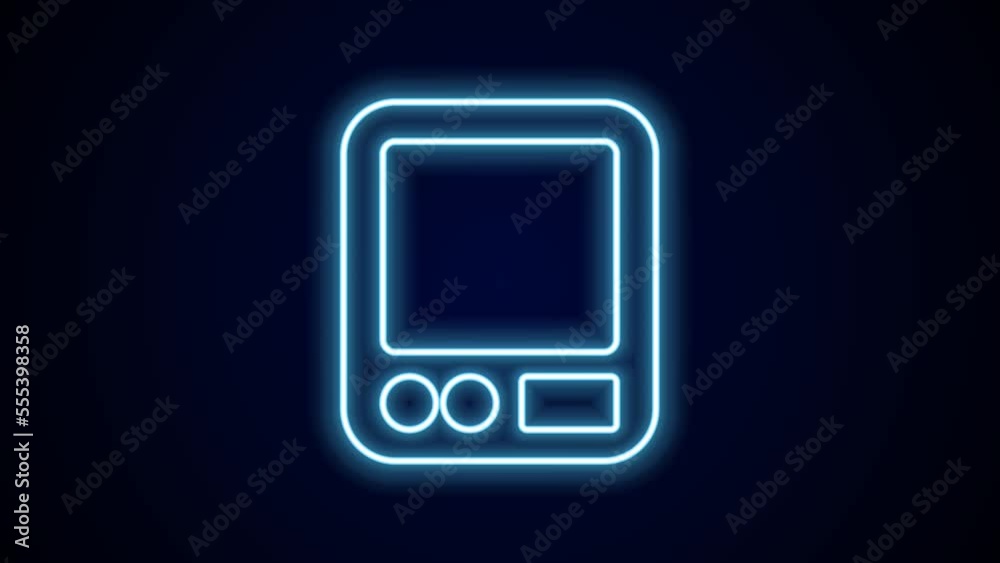Glowing neon line Electronic coffee scales icon isolated on black background. Weight measure equipment. 4K Video motion graphic animation