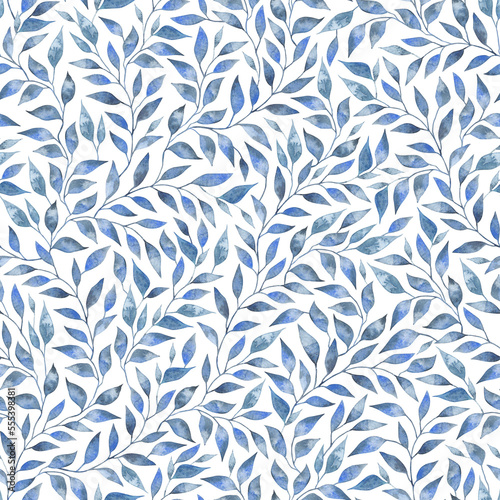 Seamless watercolor floral pattern. Blue twigs, leaves, foliage on a white background, watercolor, ink. Winter, frost, Christmas.