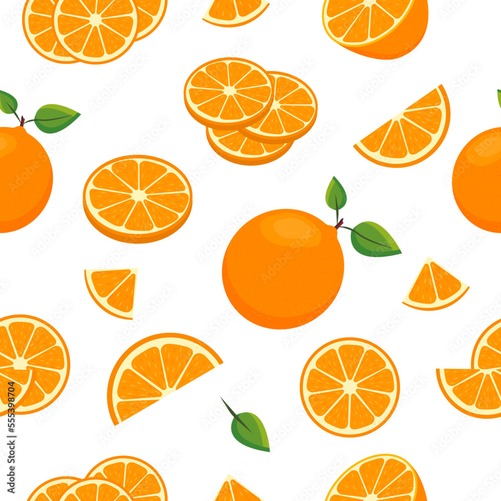 Vector seamless fruit pattern with orange. A design element for textiles. Juicy background for kids or fashionable design.