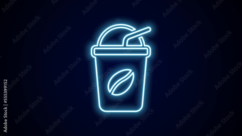 Glowing neon line Iced coffee icon isolated on black background. 4K Video motion graphic animation Glowing neon line Iced coffee icon isolated on black background. 4K Video motion graphic animation