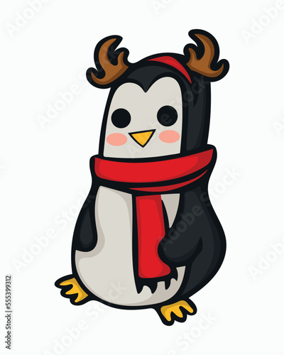 Cute holiday penguin concept. Vector illustration. Christmas penguin in scarf and reindeer horns. Themed design element. Image isolated on white background