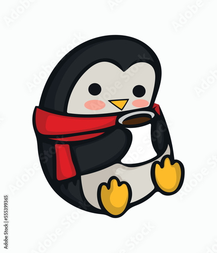 Cute penguin with red scarf and cup of hot drink. Vector illustration. Image of Christmas penguin isolated on white background. Festive design element for thematic design