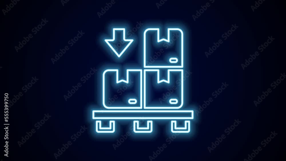 Glowing neon line Cardboard boxes on pallet icon isolated on black background. Closed carton delivery packaging box with fragile signs. 4K Video motion graphic animation Glowing neon line Cardboard boxes on pallet icon isolated on black background. Closed carton delivery packaging box with fragile signs. 4K Video motion graphic animation