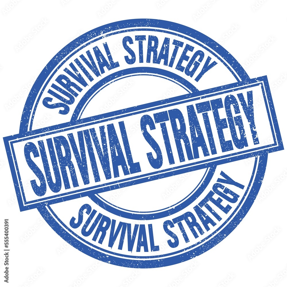 SURVIVAL STRATEGY written word on blue stamp sign