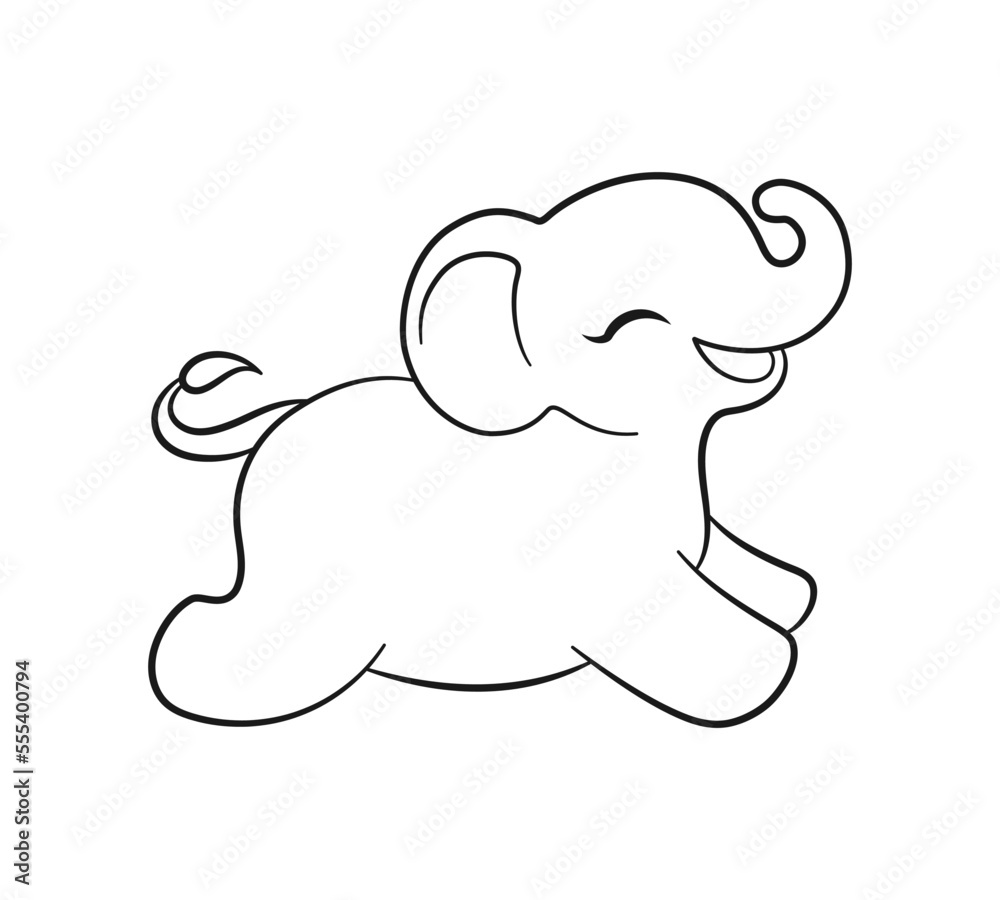 Cute running happy baby elephant cartoon outline illustration. Easy animal coloring book page activity for kids