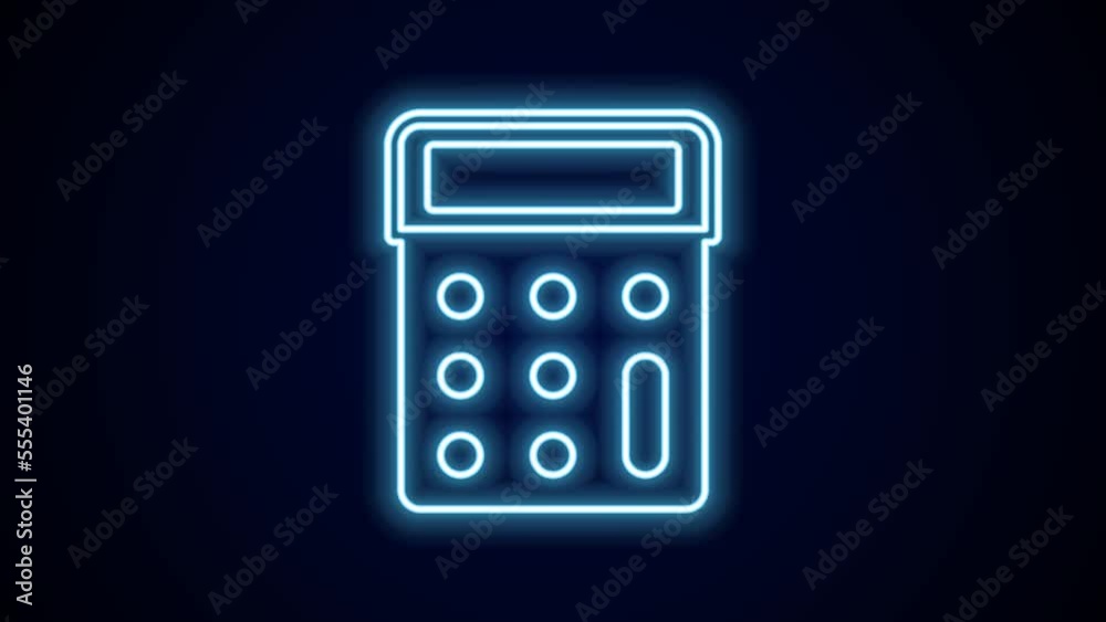 Glowing neon line Calculator icon isolated on black background. Accounting symbol. Business calculations mathematics education and finance. 4K Video motion graphic animation