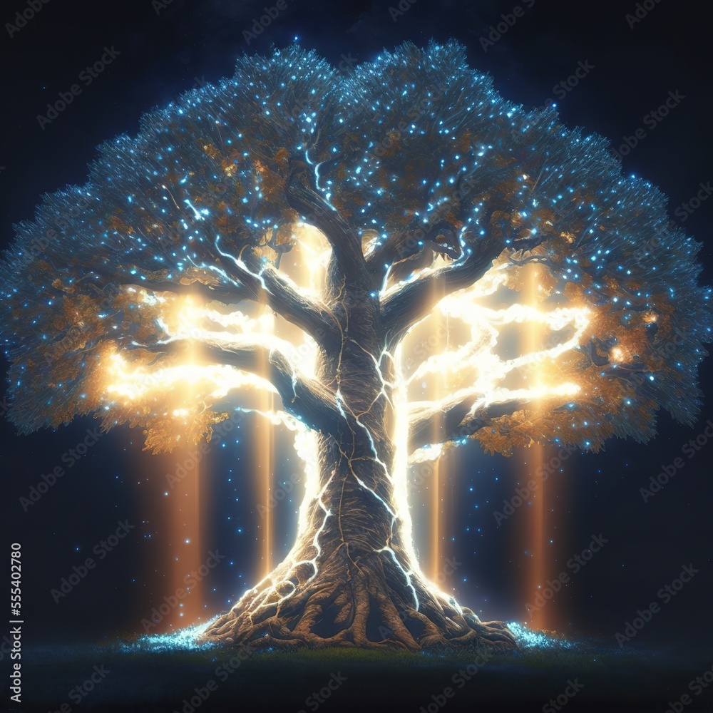 Big Realistic Ancient Tree Glowing With Bright Yellow Light In The Dark  Expressing The Beauty Of Nature Glow Ornaments Generative AI Illustration  Stock