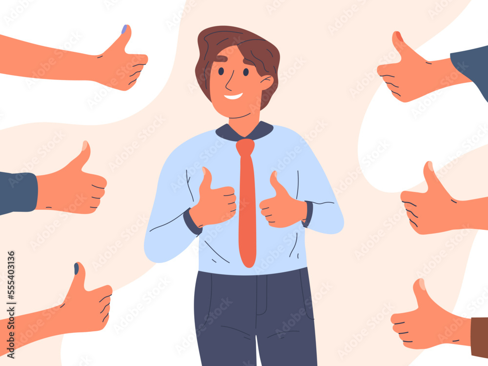 Male person positive approval. Man with thumbs up surrounded public positive respect opinion, acceptance, flat vector illustration isolated on white background