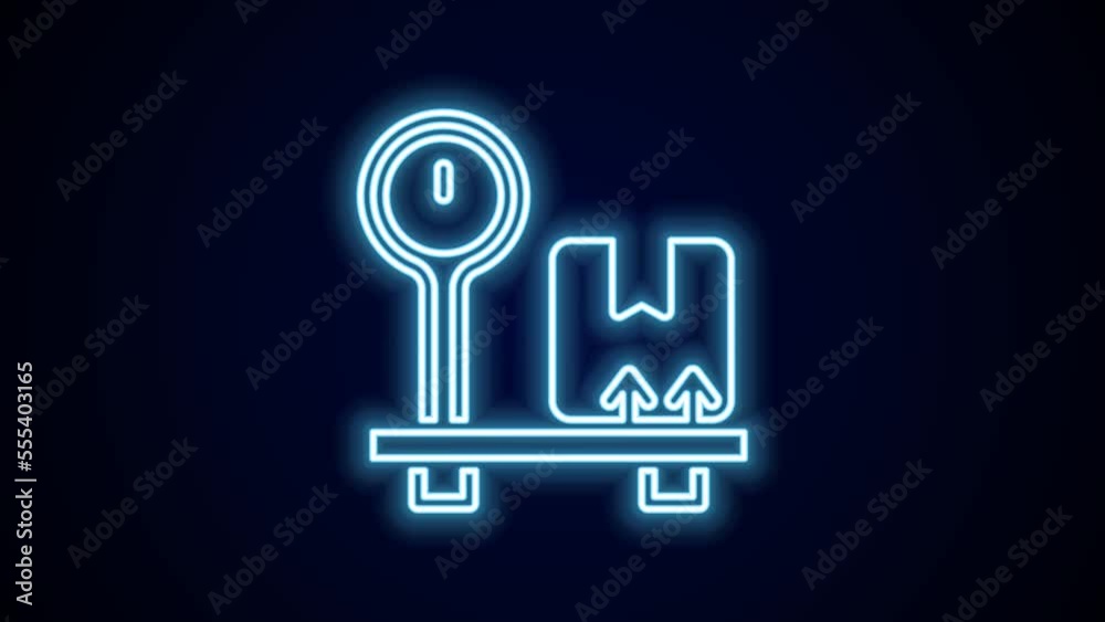 Glowing neon line Scale with cardboard box icon isolated on black background. Logistic and delivery. Weight of delivery package on a scale. 4K Video motion graphic animation Glowing neon line Scale with cardboard box icon isolated on black background. Logistic and delivery. Weight of delivery package on a scale. 4K Video motion graphic animation