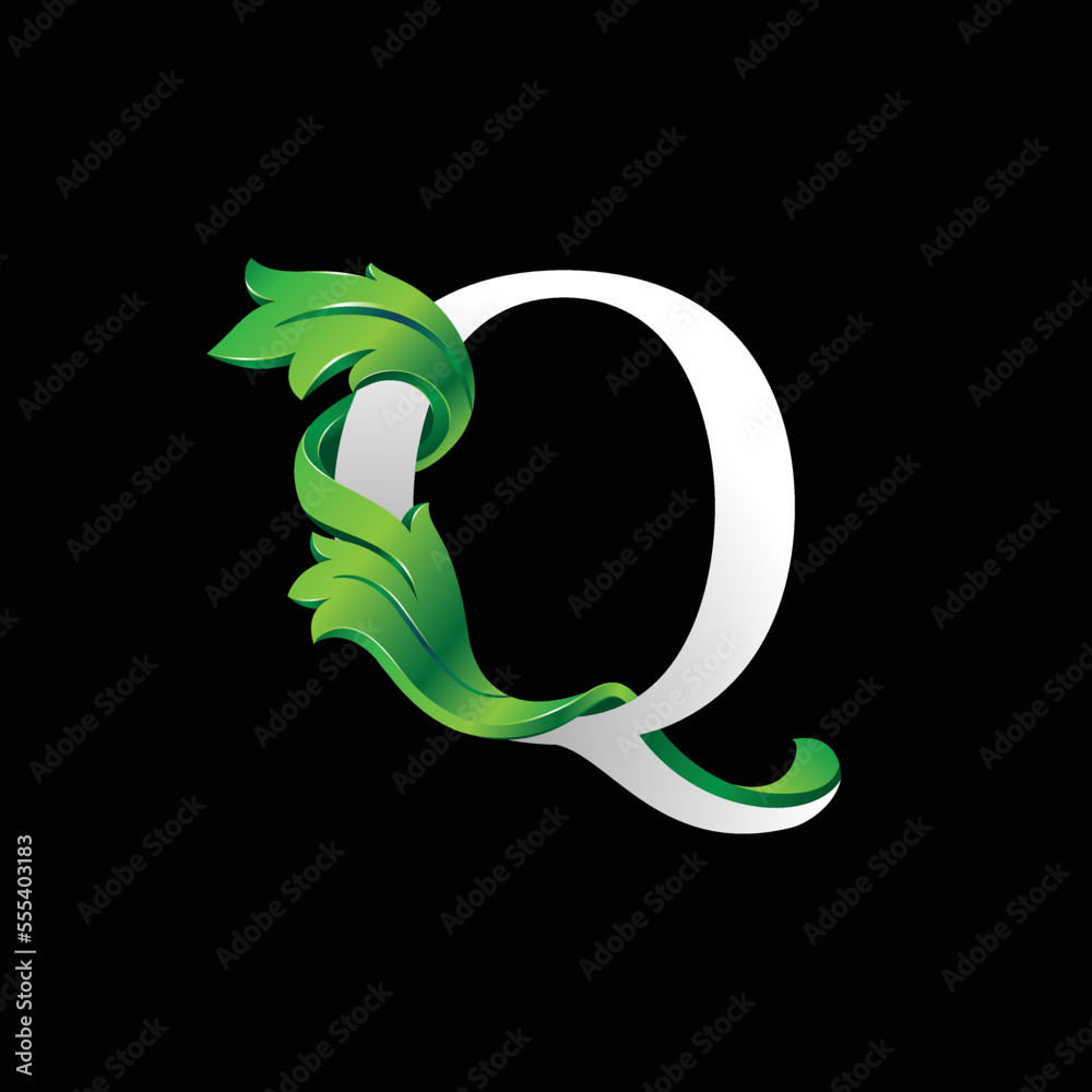 Fototapeta premium Initial letter Q, 3D luxury green leaf overlapping white serif font on black background