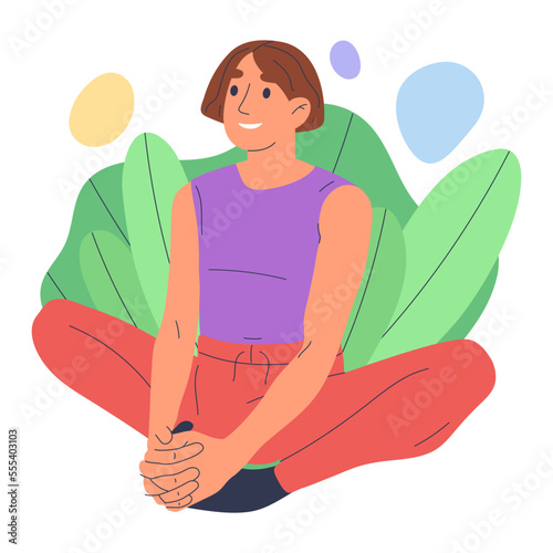 Cartoon yoga meditating man. Relaxing guy in lotus pose breath training, peaceful tranquil male person practicing yoga flat vector illustration isolated on white background