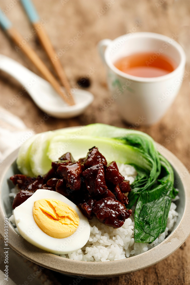 Up Taiwanese Braised Pork Over Rice with Half Boiled Ggg and Pak Choi