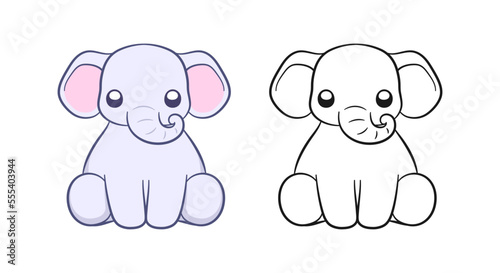 Cute sitting baby elephant cartoon front view colored and outline illustration set. Easy animal coloring book page activity for kids