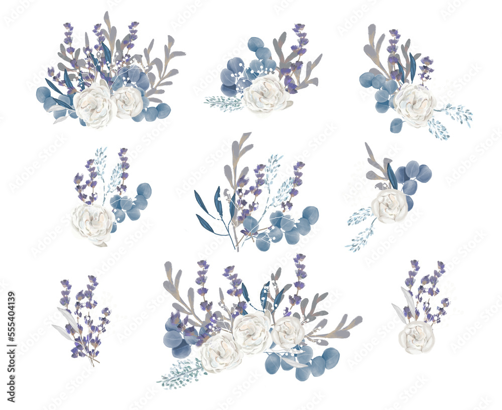 Set of flowers, white, blue flowers. Winter flowers. Png illustration