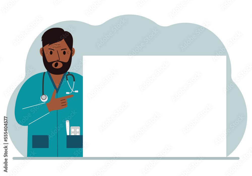 A male doctor in a lab coat is holding a large piece of paper. The doctor points to a blank piece of paper to write on your personal message or advice. A male doctor in a lab coat is holding a large piece of paper. The doctor points to a blank piece of paper to write on your personal message or advice.