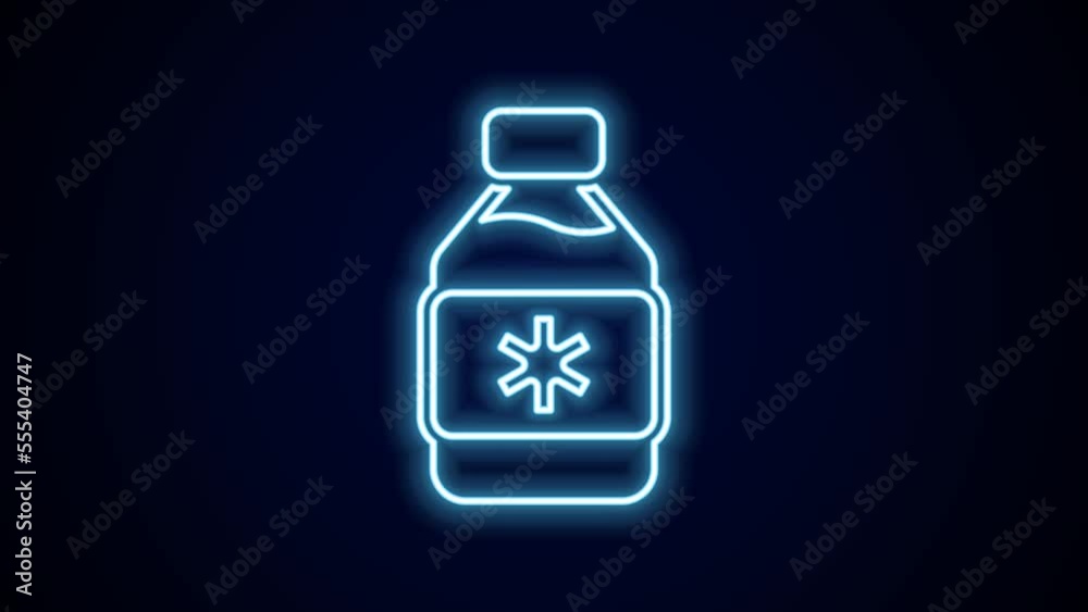 Glowing neon line Bottle of medicine syrup icon isolated on black background. 4K Video motion graphic animation