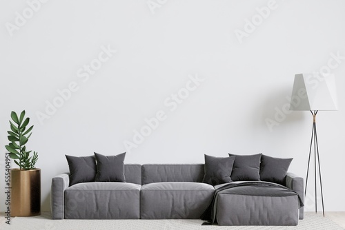 big white living room.interior design,grey sofa,lamp,wooden table,carpet wall for mock up and copy space...