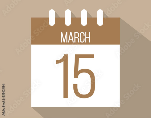 15 March calendar page. Vector icon of calendar page for March days. Brown color with shadow effect
