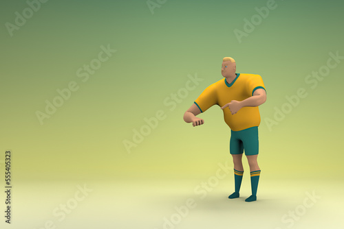 An athlete wearing a yellow shirt and green pants is expression of hand when talking. 3d rendering of cartoon character in acting.