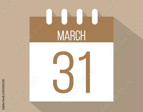 31 March calendar page. Vector icon of calendar page for March days. Brown color with shadow effect