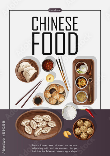 Vector template poster design with Chinese food and copy-space isolated on white and purple. Banner, flyer, card, restaurant menu, promotion concept.