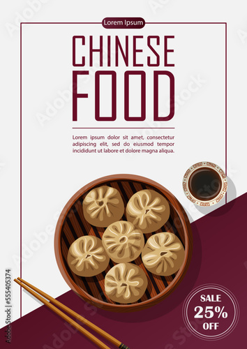 Vector template poster design with Chinese food Dim Sum Baozi and copy-space isolated on white and dark red. Banner, flyer, card, restaurant menu, promotion concept.