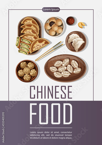 Vector template poster design with Chinese food and copy-space isolated on white and purple. Banner, flyer, card, restaurant menu, promotion concept.