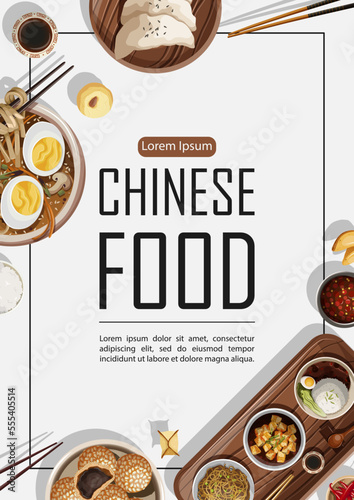 Vector template poster design with Chinese food and copy-space in the middle isolated on white. Banner, flyer, card, restaurant menu, promotion concept.
