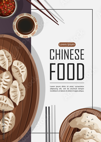 Vector template poster design with Chinese food Dim Sum dumplings and copy-space isolated on white and purple. Banner, flyer, card, restaurant menu, promotion concept.