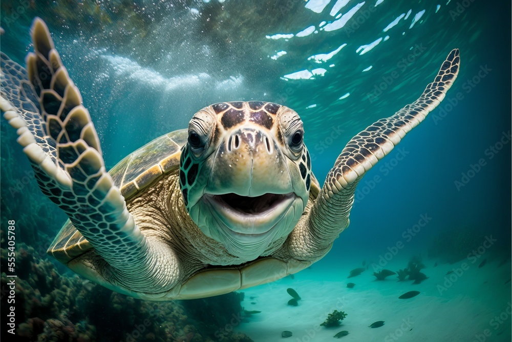 Fototapeta premium Happy turtle underwater, Generative AI