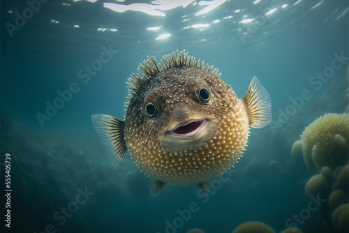 Happy puffer fish underwater, Generative AI