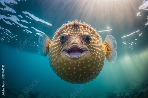 Happy puffer fish underwater, Generative AI photo
