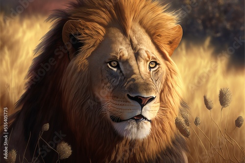 Happy lion in the savanne, Generative AI © Pixelkingdom