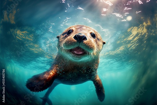 Happy otter underwater, Generative AI photo